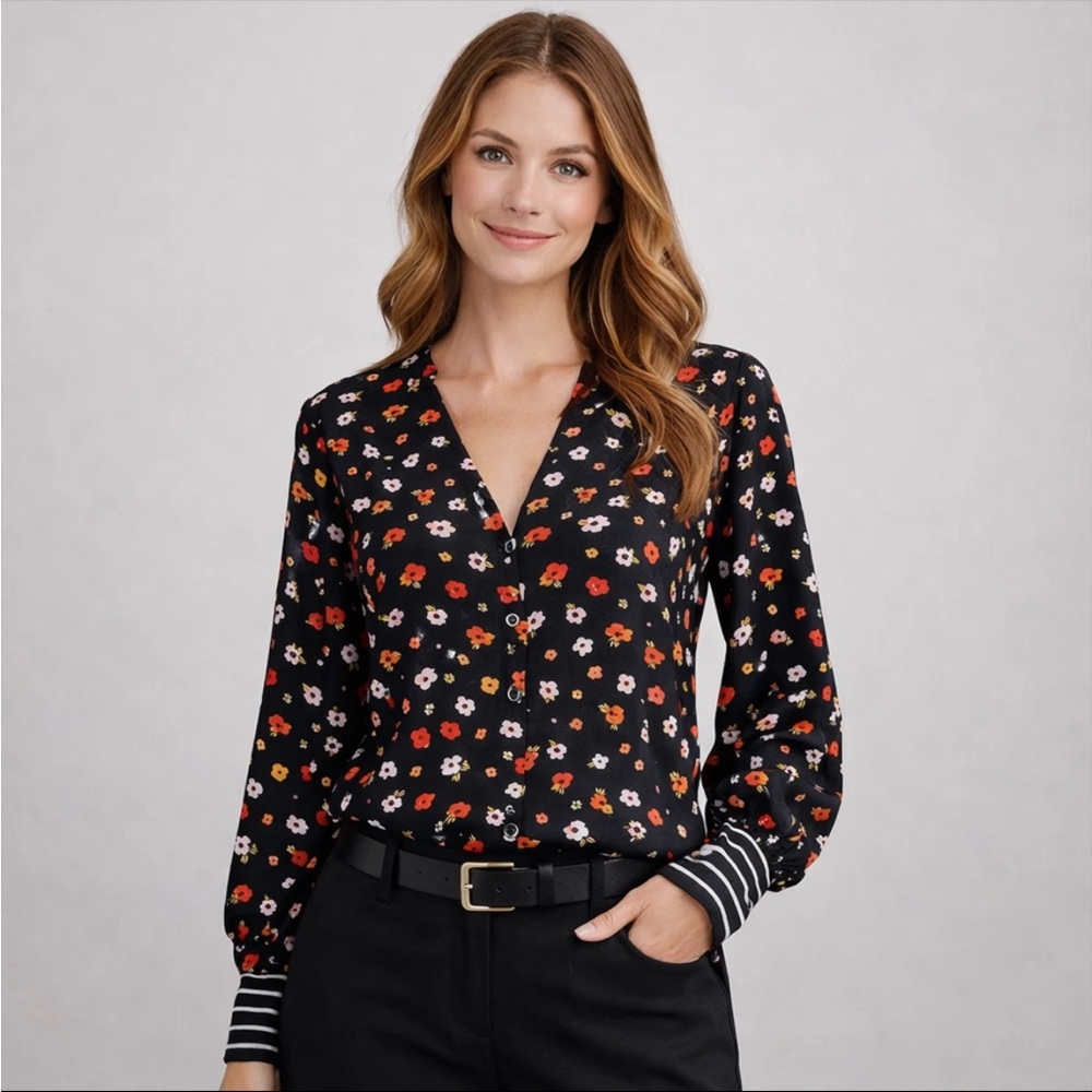 CAbi Cheerful M V Neck black Floral Long Sleeve Button chiffon Blouse style 3957